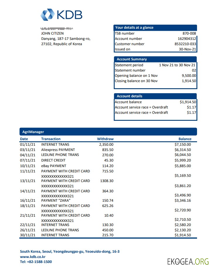 Relevé bancaire KDB de Corée du Sud, modèle facile à remplir au format Excel et PDF